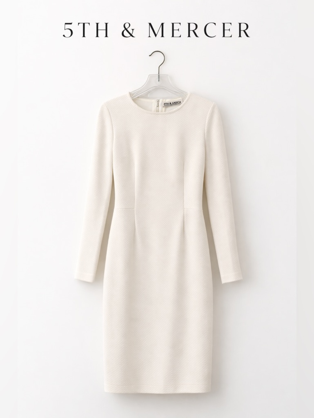 5th & Mercer White Textured Midi Dress Long Sleeve Sheath Work Dress